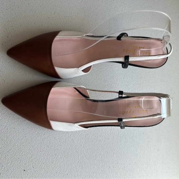 KateSpade Sabina pumps white brown leather with black and clear slingback straps - Picture 7 of 13